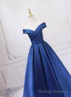 Off Shoulder Blue Satin A Line Floor Length Prom Dress, Blue Simple Formal Dress