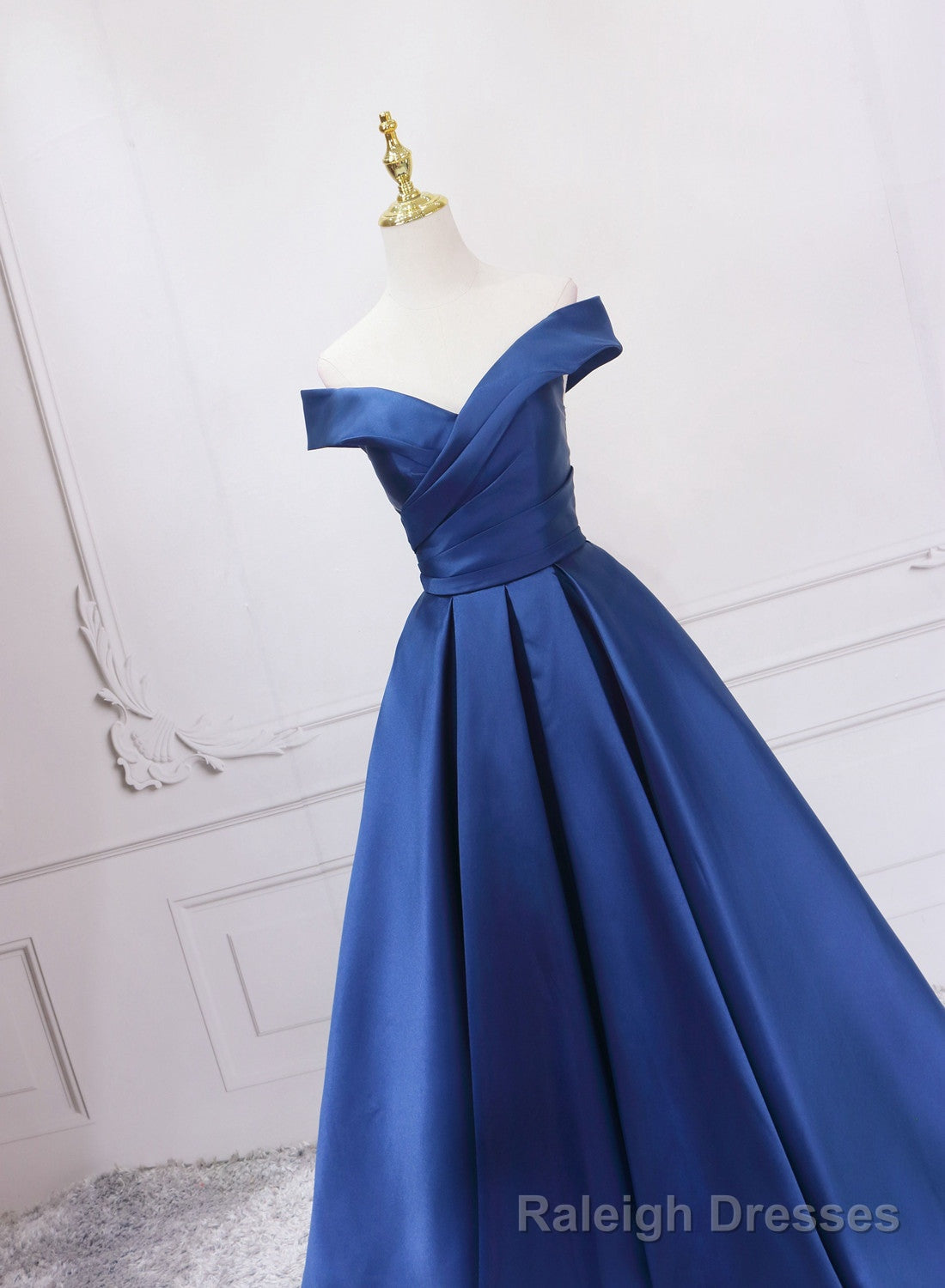 Off Shoulder Blue Satin A Line Floor Length Prom Dress, Blue Simple Formal Dress