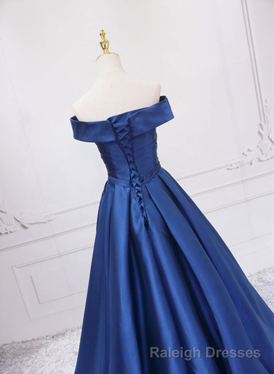 Off Shoulder Blue Satin A-line Floor Length Prom Dress, Blue Simple Formal Dress