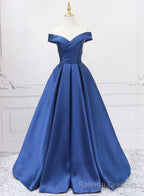 Off Shoulder Blue Satin A Line Floor Length Prom Dress, Blue Simple Formal Dress