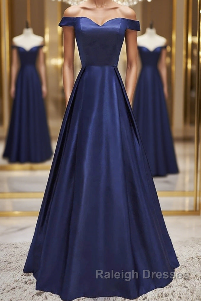 Off Shoulder Blue Satin Long Prom Dresses Off Shoulder Blue Prom Dresses Blue Prom Dresses Main image