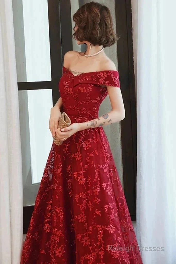 Off Shoulder Burgundy Lace Appliques Long Prom Dress, Off Shoulder Burgundy Formal Dress, Burgundy Lace Evening Dress