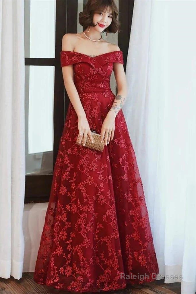 Off Shoulder Burgundy Lace Appliques Long Prom Dresses Off Shoulder Burgundy Prom Dresses Burgundy Lace Prom Dresses
