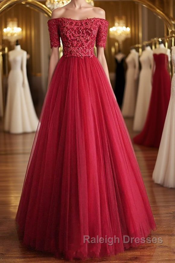 Off Shoulder Burgundy Lace Long Prom Dresses, Burgundy Lace Formal Dresses, Burgundy Evening Dresses Main image