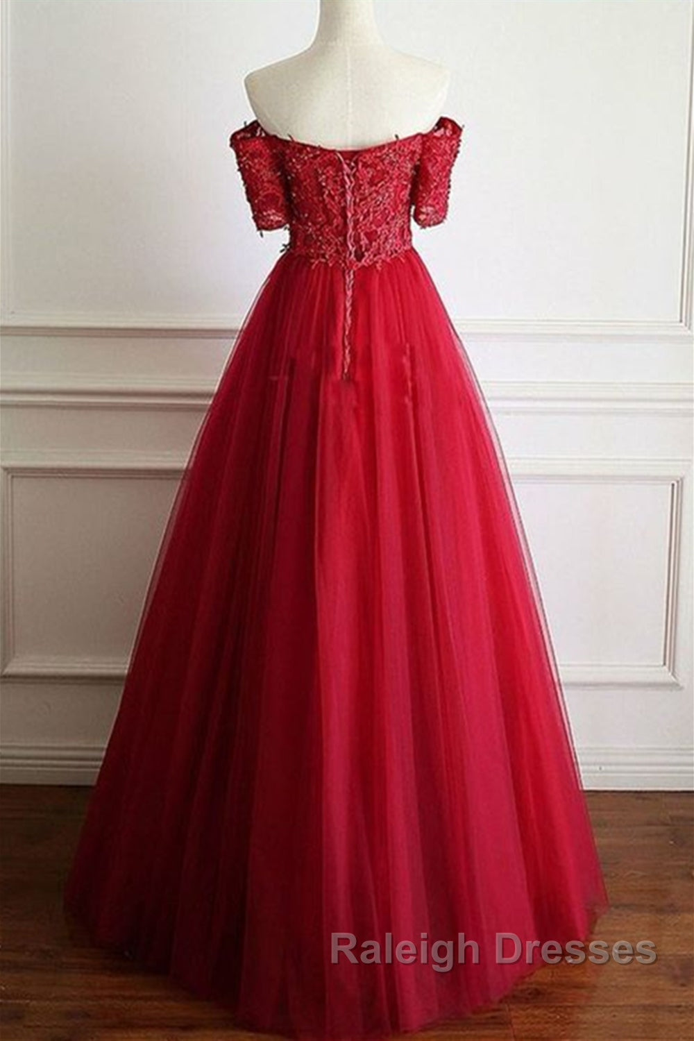 Off Shoulder Burgundy Lace Long Prom Dresses, Burgundy Lace Formal Dresses, Burgundy Evening Dresses Secondary image