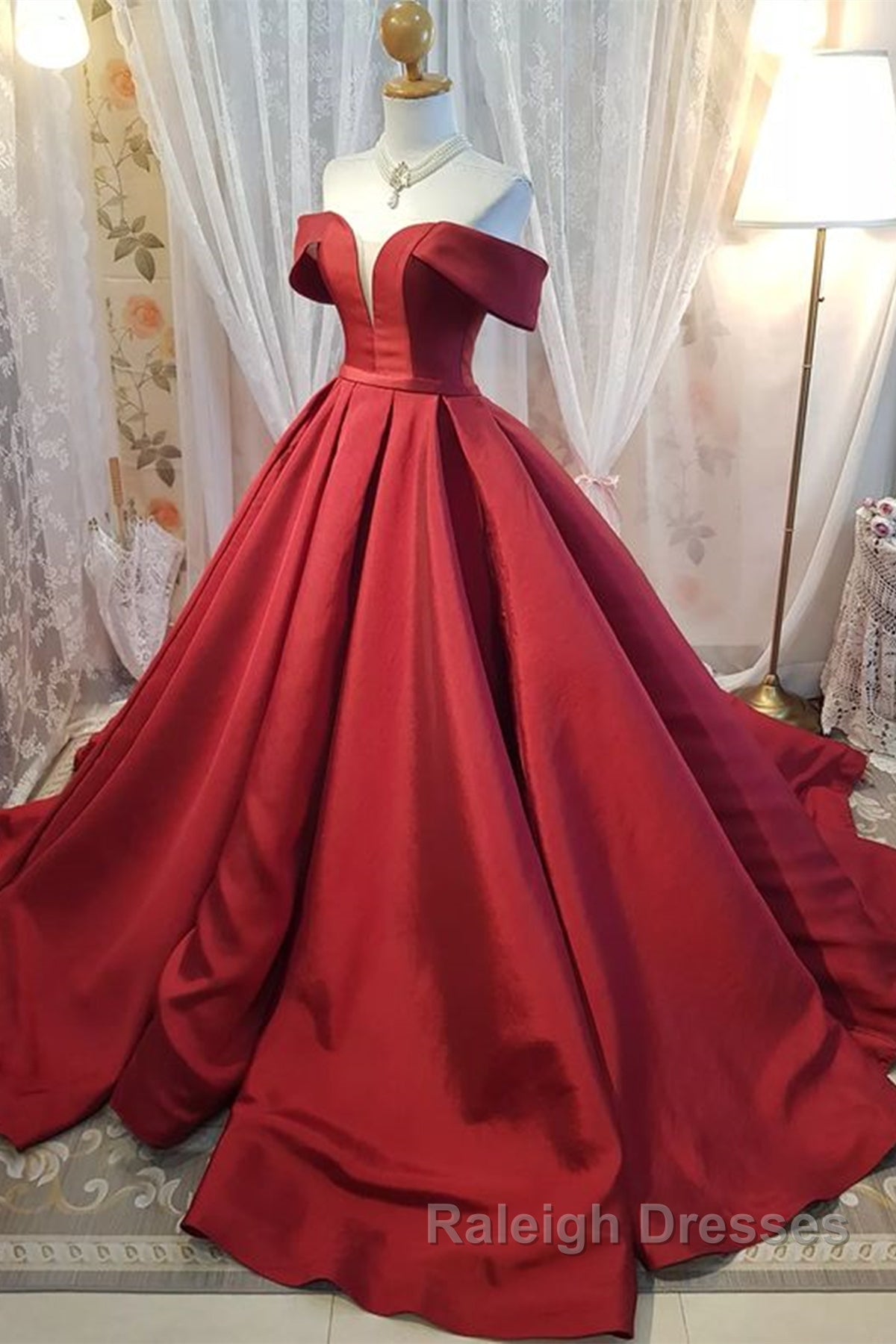 Off Shoulder Burgundy Satin Long Prom Dress, V Neck Burgundy Formal Evening Dress, Burgundy Ball Gown Secondary image