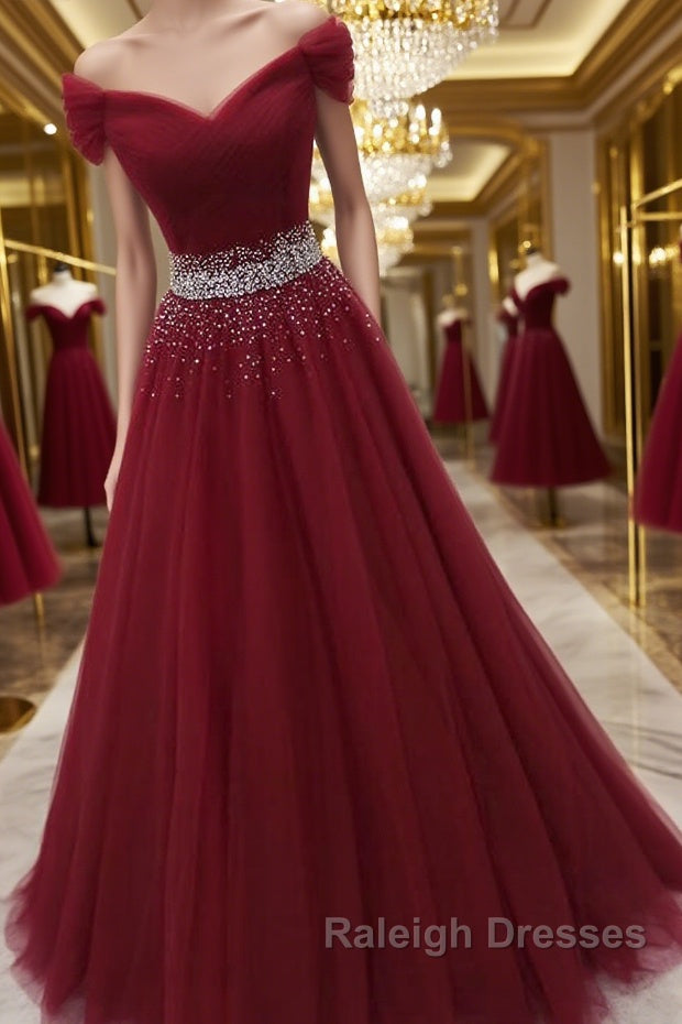 Off Shoulder Burgundy Tulle Long Prom Dresses with Sequins, Burgundy Tulle Formal Evening Dresses Main image