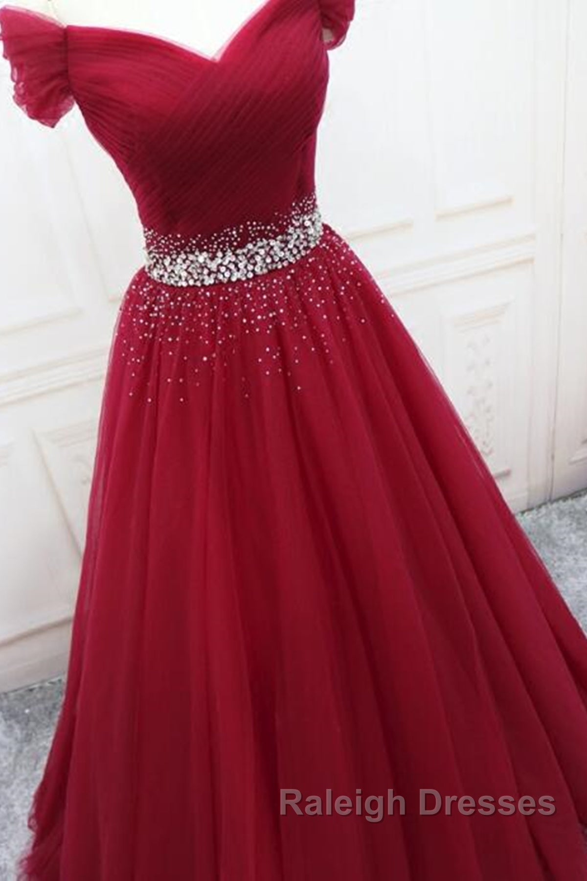 Off Shoulder Burgundy Tulle Long Prom Dresses with Sequins, Burgundy Tulle Formal Evening Dresses Secondary image