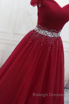 Off Shoulder Burgundy Tulle Prom Dress Long with Sequins Burgundy Tulle Prom Dress