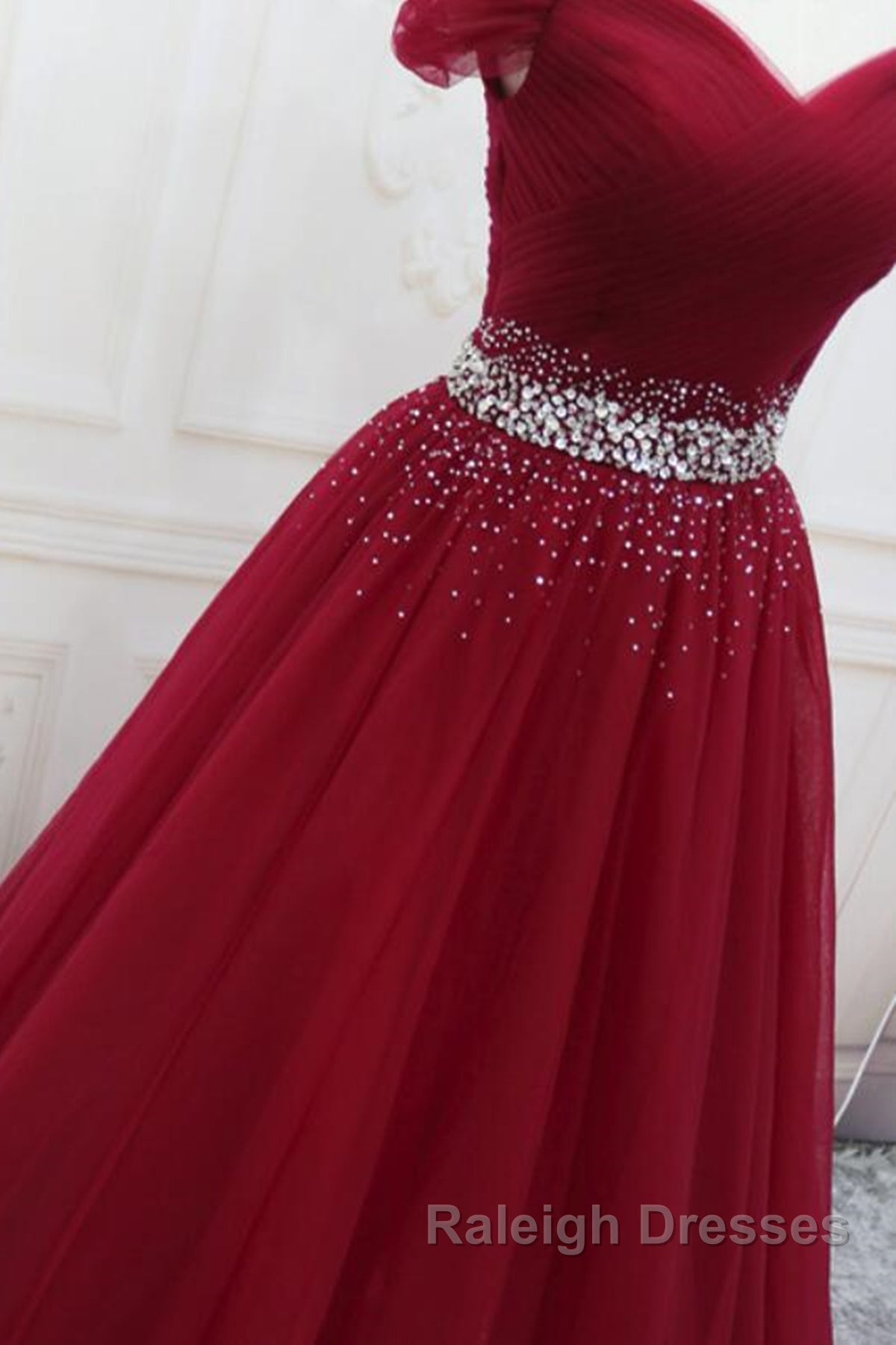 Off Shoulder Burgundy Tulle Prom Dress Long with Sequins Burgundy Tulle Prom Dress
