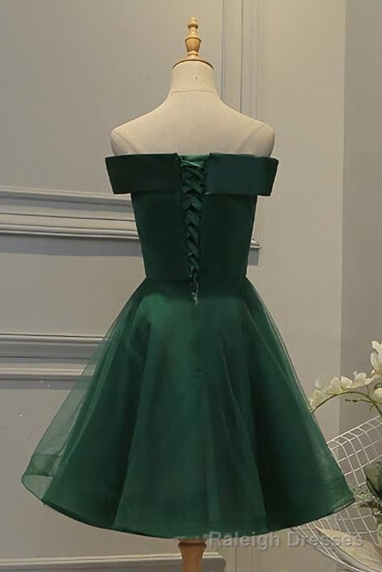 Off Shoulder Dark Green Short Prom Dress, Tulle Homecoming Dresses