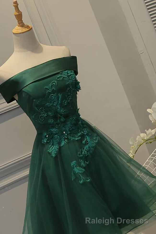 Off Shoulder Dark Green Short Party Dress, Tulle Homecoming Dresses Main image