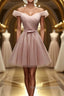 Off Shoulder Dusty Pink Tulle Short Prom Homecoming Dress, Short Pink Formal Graduation Evening Dress