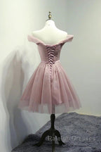 Off Shoulder Dusty Pink Tulle Short Prom Homecoming Dress, Short Pink Formal Graduation Evening Dress