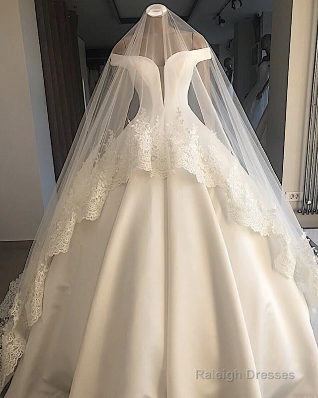 Off Shoulder Floor Length Satin Wedding Dress BallGown Main image