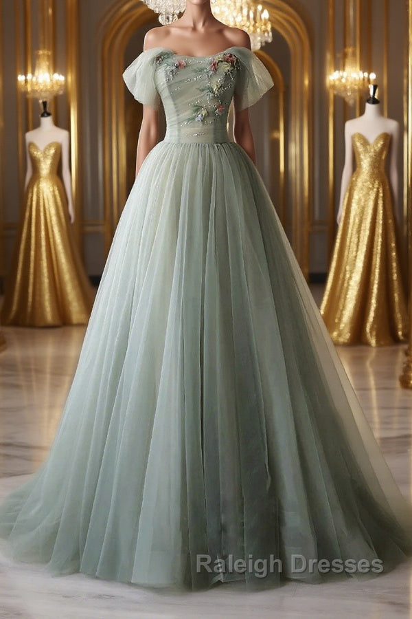 Off Shoulder Green Tulle Floral Long Prom Dress Off the Shoulder Green Prom Dress with 3D Flowers