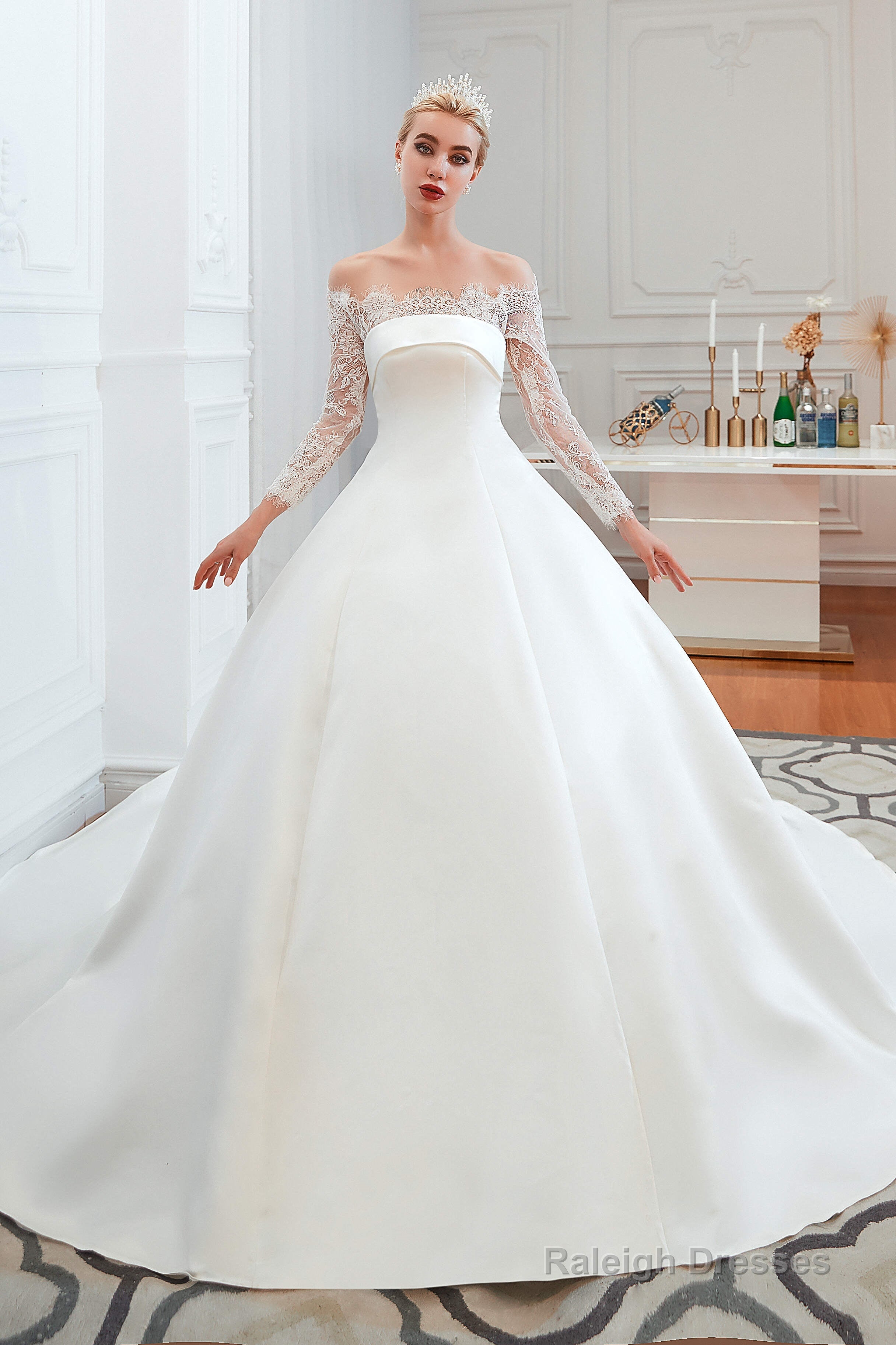 Off-Shoulder Lace Satin Wedding Dresses with Sleeves Main image