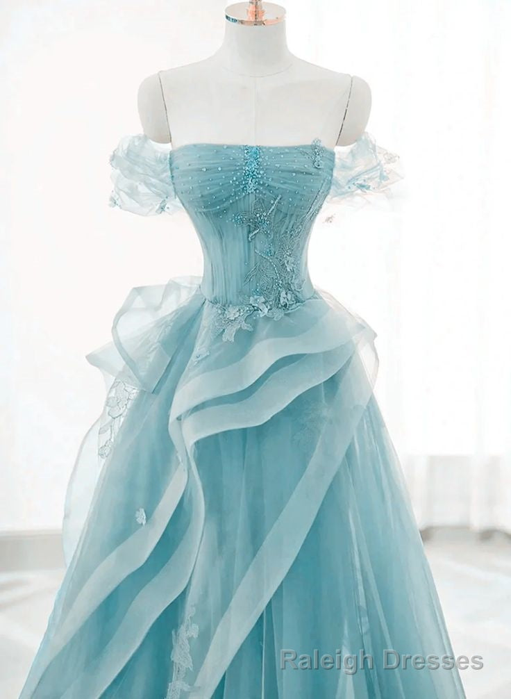 Off Shoulder Lace-up Formal Dress,Blue Birthday Dress Pretty Prom Dress Secondary image
