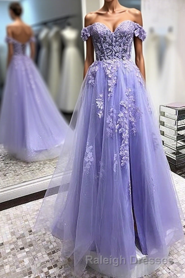 Off Shoulder Lavender Lace Long Prom Dresses, Lilac Lace Formal Dresses, Purple Evening Dresses Main image