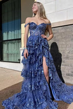 Off Shoulder Layered Navy Blue Lace Prom Dresses Long With Split Off The Shoulder Navy Blue Prom Dresses