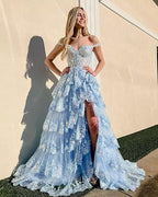 Off Shoulder Layered Navy Blue Lace Prom Dresses Long With Split Off The Shoulder Navy Blue Prom Dresses