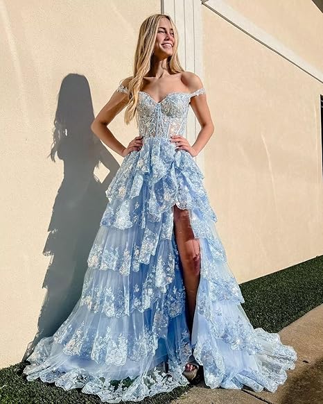 Off Shoulder Layered Navy Blue Lace Prom Dresses Long With Split Off The Shoulder Navy Blue Prom Dresses