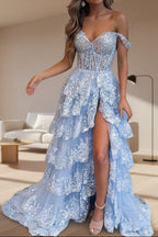 Off Shoulder Layered Navy Blue Lace Prom Dresses Long With Split Off The Shoulder Navy Blue Prom Dresses