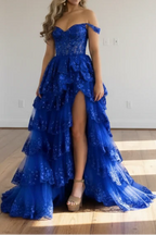 Off Shoulder Layered Navy Blue Lace Prom Dresses Long With Split Off The Shoulder Navy Blue Prom Dresses