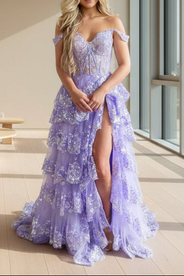 Off Shoulder Layered Navy Blue Lace Prom Dresses Long With Split Off The Shoulder Navy Blue Prom Dresses