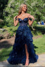 Off Shoulder Layered Navy Blue Lace Prom Dresses Long With Split Off The Shoulder Navy Blue Prom Dresses