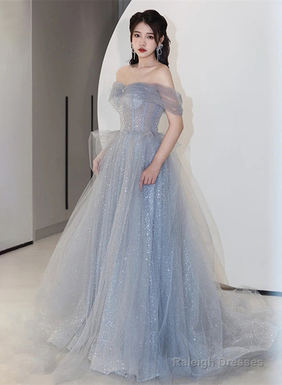 Off Shoulder Light Blue Tulle Long Prom Dresses Shiny Tulle A-Line Prom Dresses Secondary image