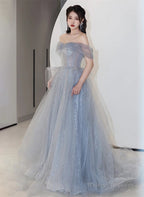 Off Shoulder Light Blue Tulle Long Prom Dresses Shiny Tulle A-Line Prom Dresses