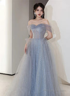 Off Shoulder Light Blue Tulle Long Prom Dresses Shiny Tulle A-Line Prom Dresses