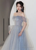 Off Shoulder Light Blue Tulle Long Party Dress, Shiny Tulle A-Line Prom Dress