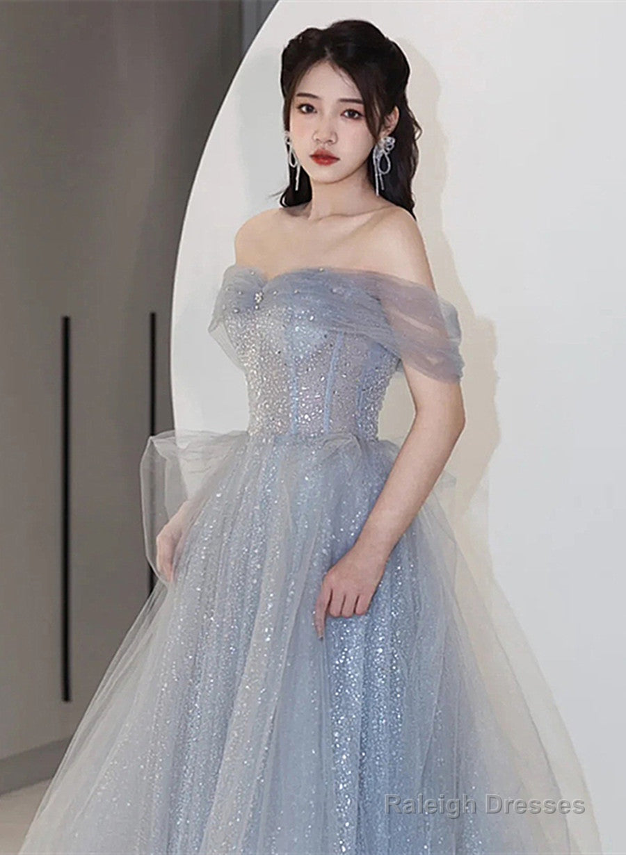 Off Shoulder Light Blue Tulle Long Party Dress, Shiny Tulle A-Line Prom Dress
