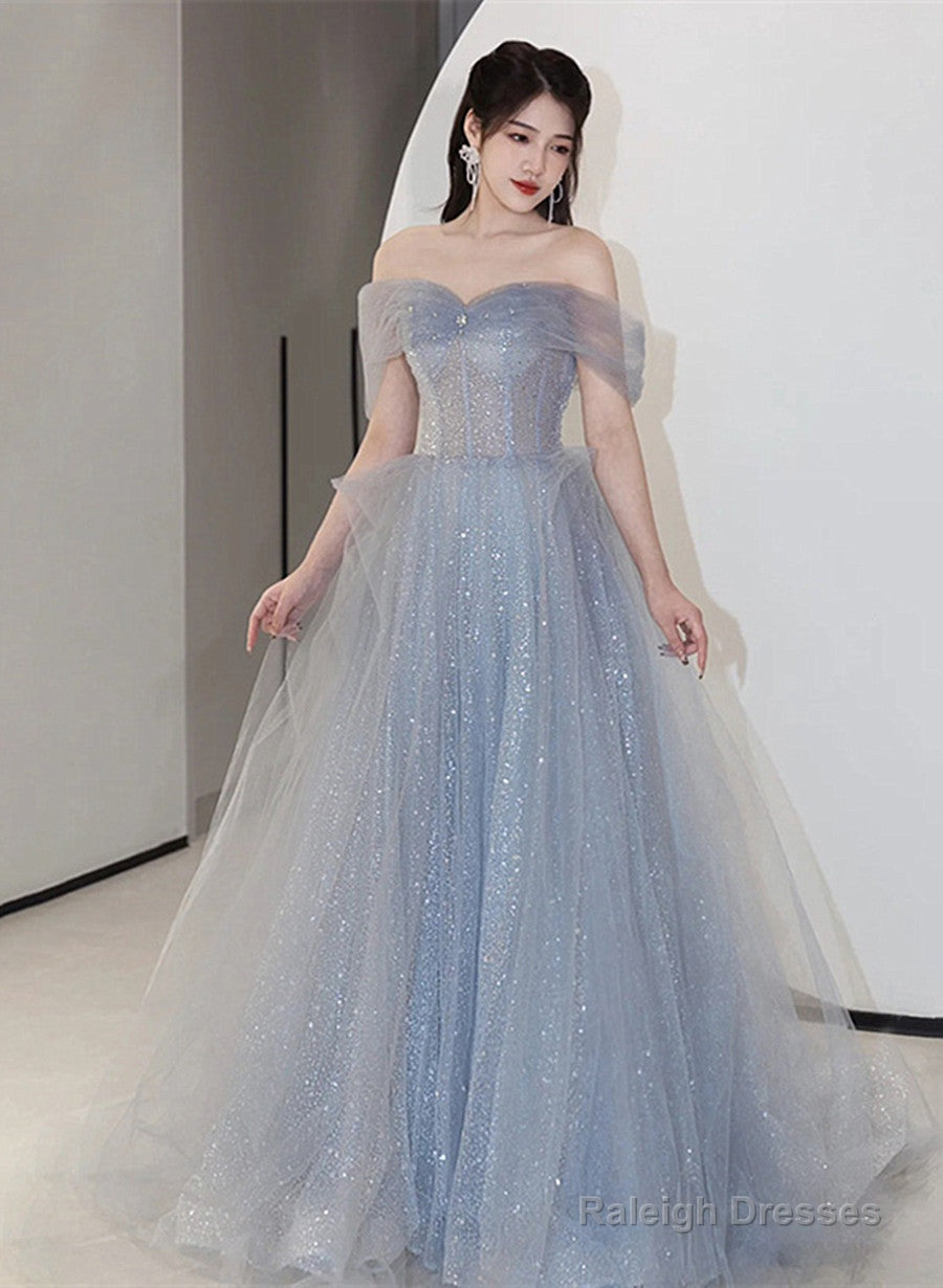 Off Shoulder Light Blue Tulle Long Prom Dresses Shiny Tulle A-Line Prom Dresses Main image