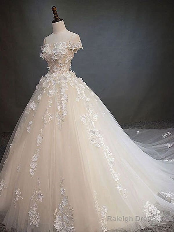Off Shoulder Light Champagne Lace Aline Ball Gown Wedding Dresses