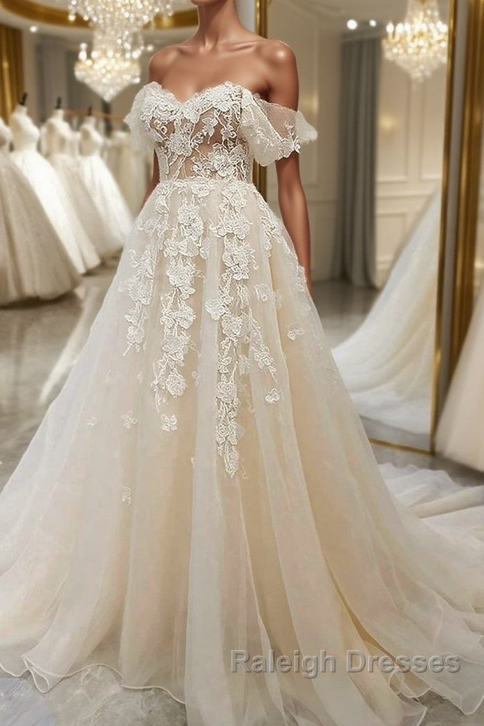 Off Shoulder Light Champagne Tulle Lace Long Prom Dress, Light Champagne Lace Formal Evening Dress Main image