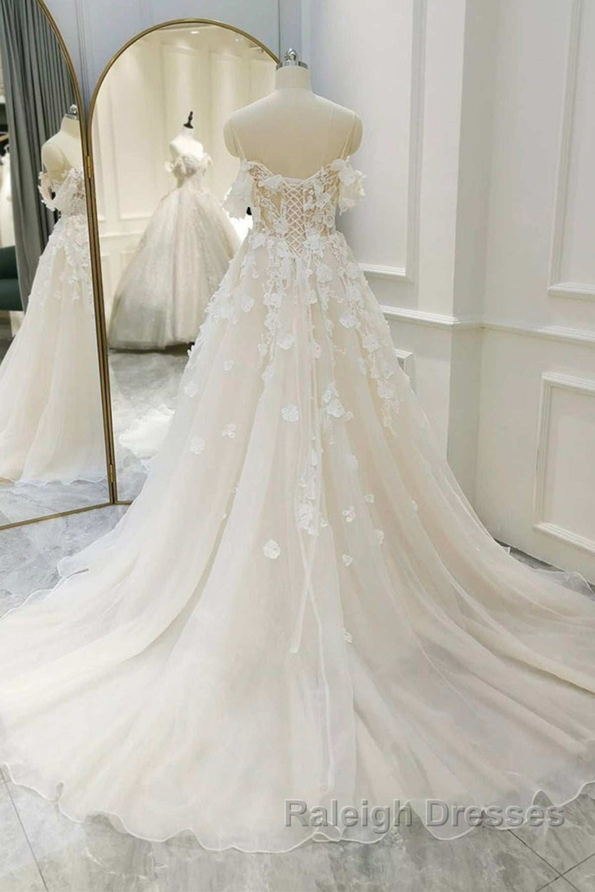 Off Shoulder Light Champagne Tulle Lace Long Prom Dress, Light Champagne Lace Formal Evening Dress