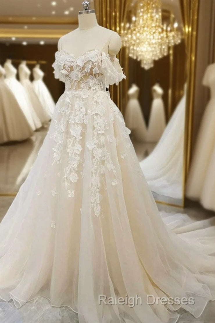 Off Shoulder Light Champagne Tulle Lace Long Prom Dress, Light Champagne Lace Formal Evening Dress A1583