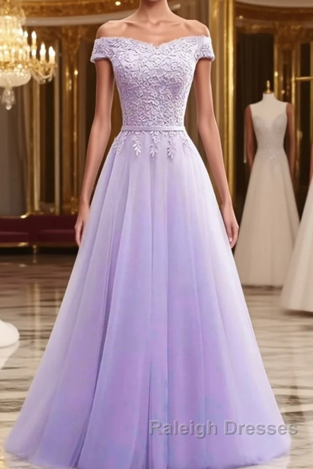 Off Shoulder Light Purple Lace Long Prom Dress, Off the Shoulder Lilac Lace Formal Dress, Purple Evening Dress Main image