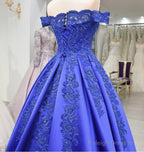 Off Shoulder Long Satin Prom Dress Lace Embroidery