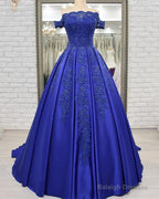 Off Shoulder Long Satin Prom Dress Lace Embroidery