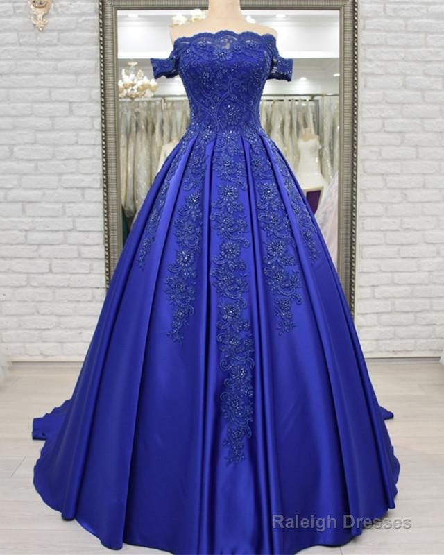 Off Shoulder Long Satin Prom Dress Lace Embroidery