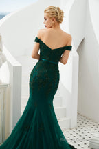 Off Shoulder Mermaid Dark Green Formal Evening Dresses with Lace