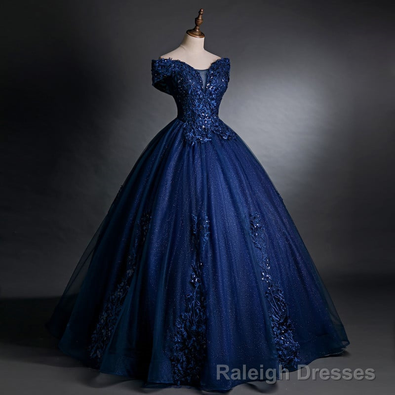 Off Shoulder Navy Blue Long Sweet 16 Gown Blue Tulle with Lace Prom Dress prom dresses shops Secondary image