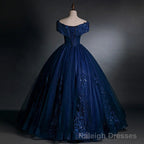 Off Shoulder Navy Blue Long Sweet 16 Gowns Blue Tulle with Lace Prom Dress shops
