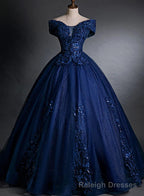 Off Shoulder Navy Blue Long Sweet 16 Gown Blue Tulle with Lace Prom Dress prom dresses shops