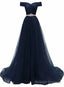 Off Shoulder Navy Blue Party Dress, A-line Tulle Blue Bridesmaid Dress
