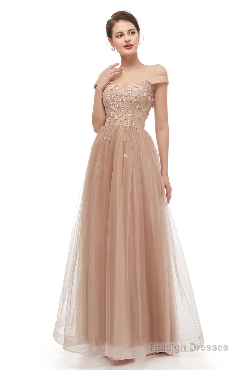 Off-Shoulder Pearls Applique A-Line Tulle Prom Dresses Secondary image